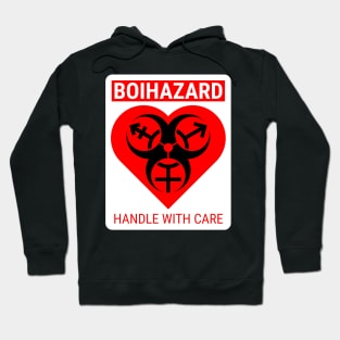 "BOI HAZARD/handle with care" Heart - Label Style - Red Hoodie